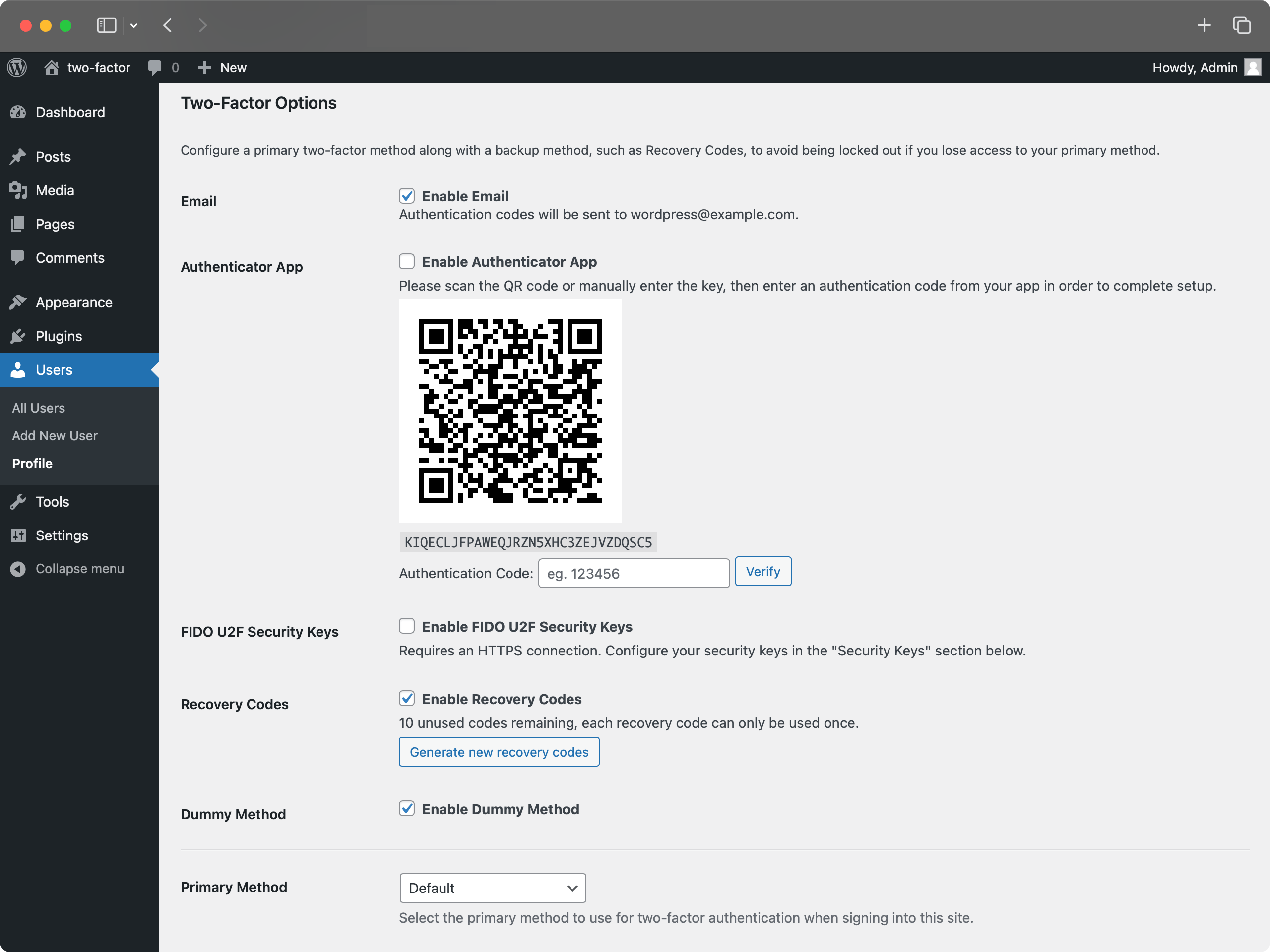 Two-Factor 后台设置界面